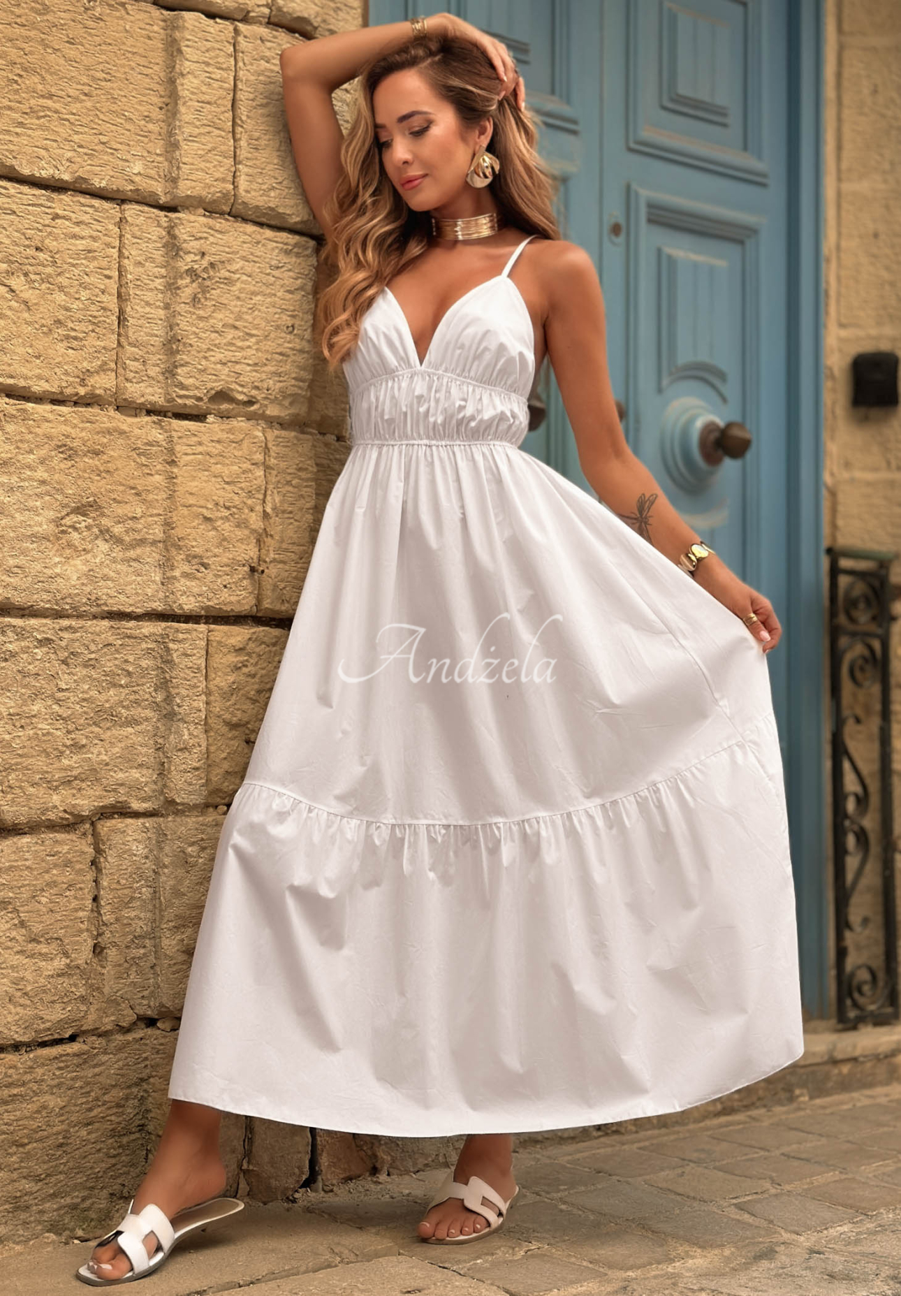 Baumwoll-Maxikleid mit Trägern Sunset Lagoon Weiß