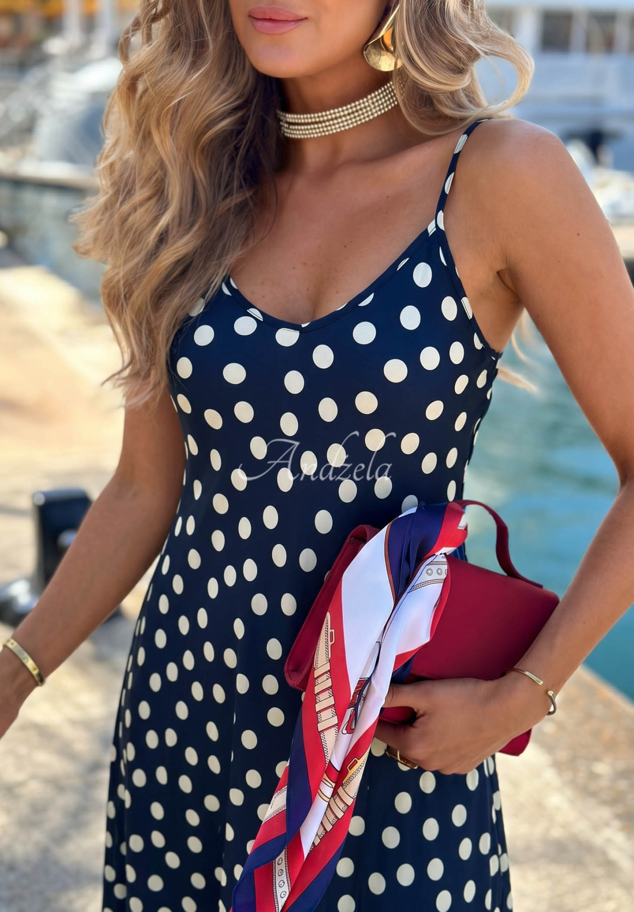 Satin-Midikleid mit Trägern und Polka-Dots Punta Cana Dunkelblau