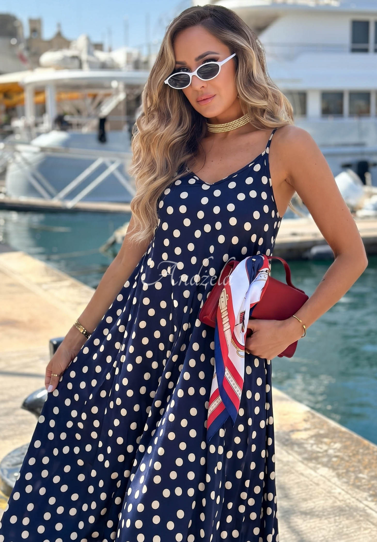 Satin-Midikleid mit Trägern und Polka-Dots Punta Cana Dunkelblau