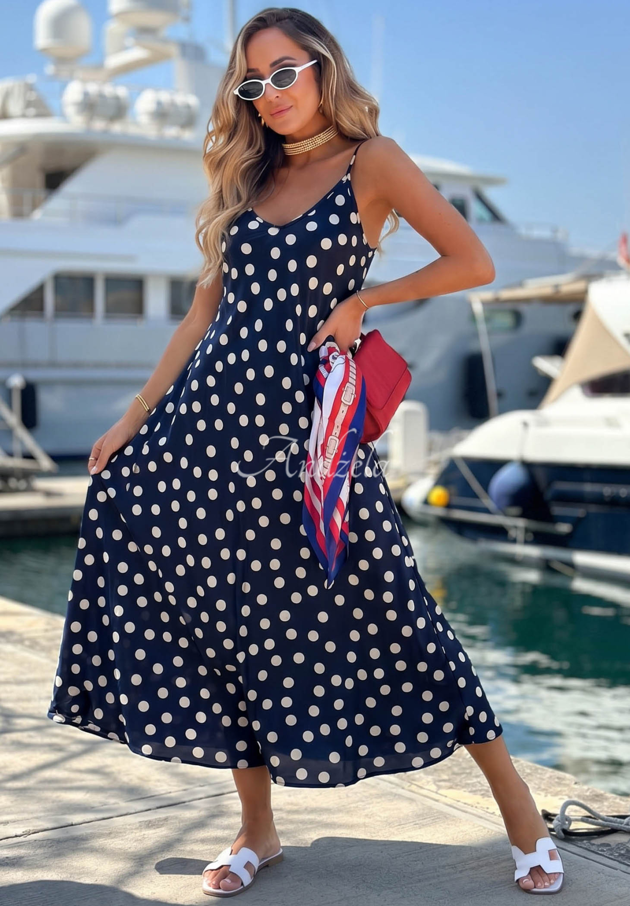 Satin-Midikleid mit Trägern und Polka-Dots Punta Cana Dunkelblau