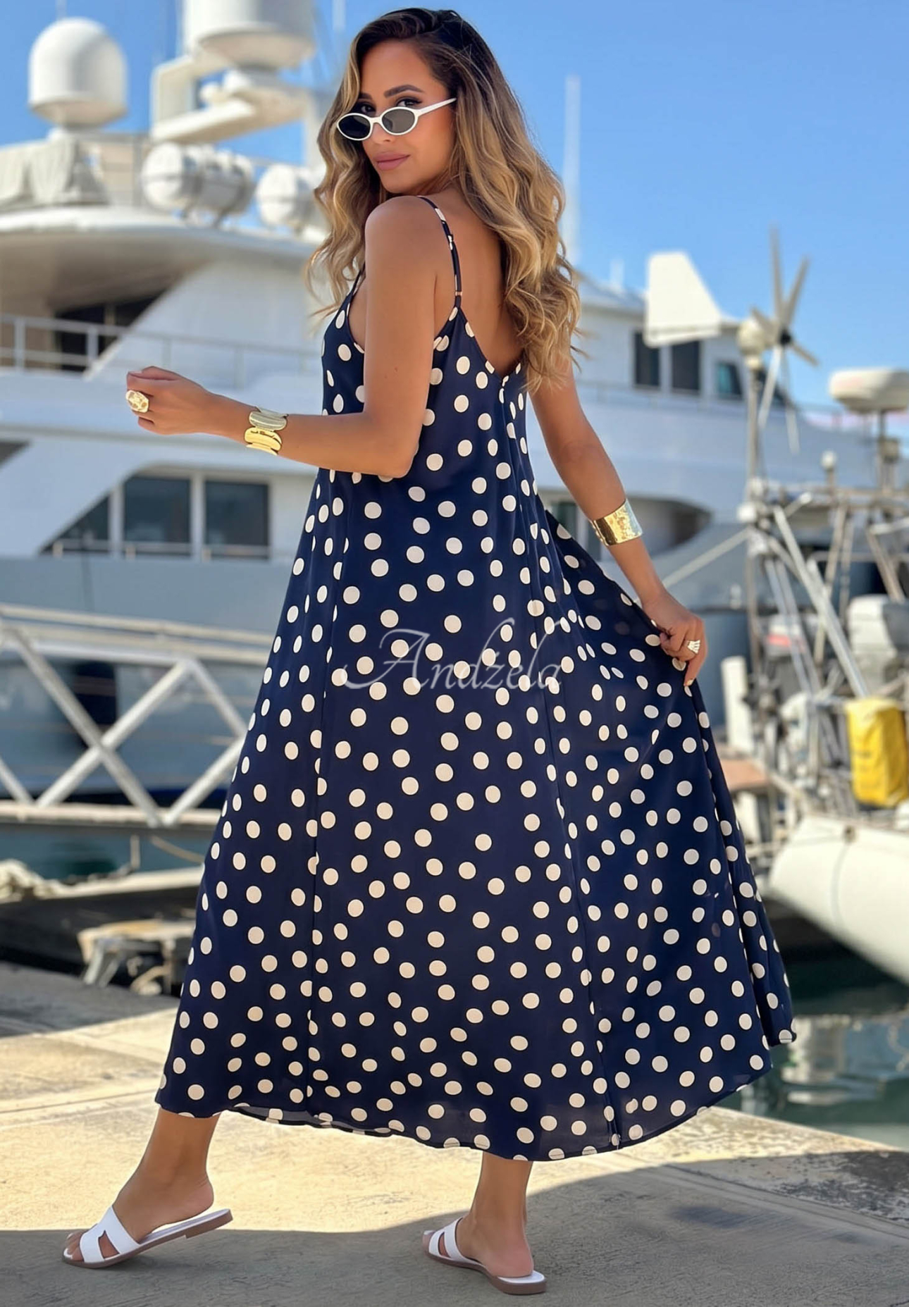 Satin-Midikleid mit Trägern und Polka-Dots Punta Cana Dunkelblau