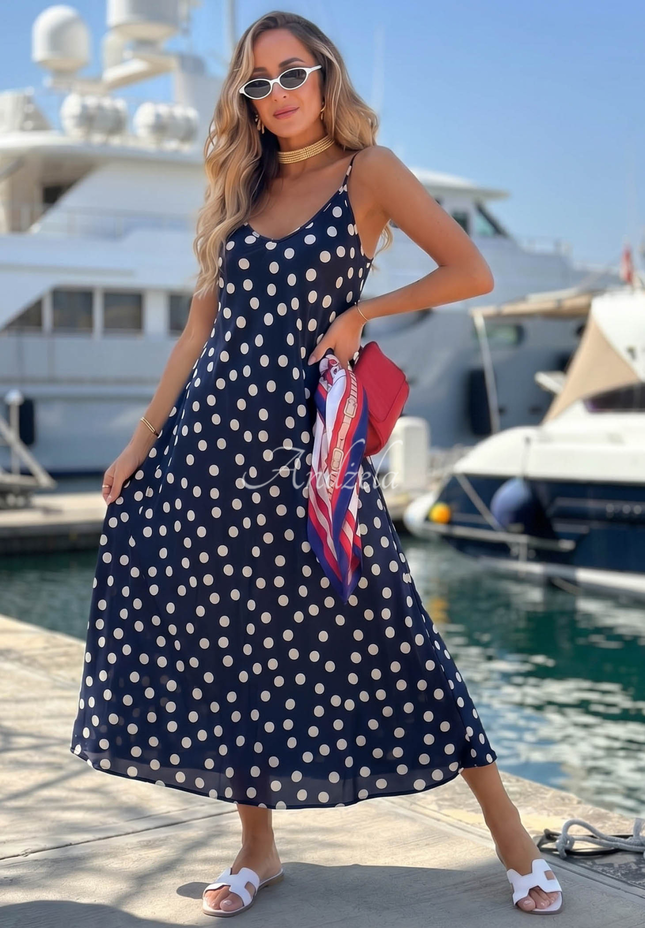 Satin-Midikleid mit Trägern und Polka-Dots Punta Cana Dunkelblau
