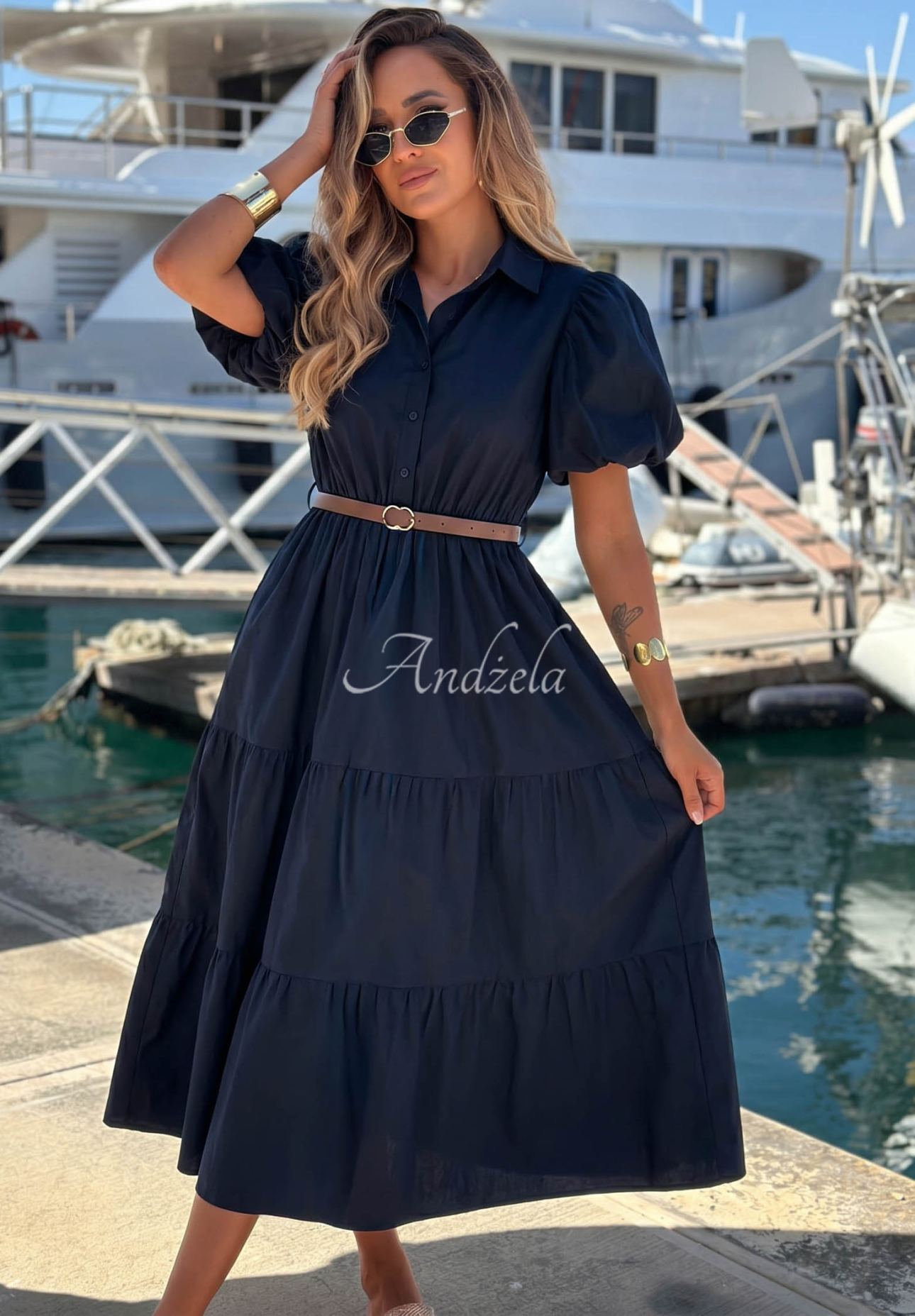 Hemdblusenkleid aus Baumwolle mit Puffärmeln Summer Light Dunkelblau