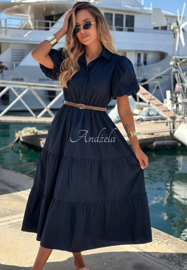 Hemdblusenkleid aus Baumwolle mit Puff&auml;rmeln Summer Light Dunkelblau