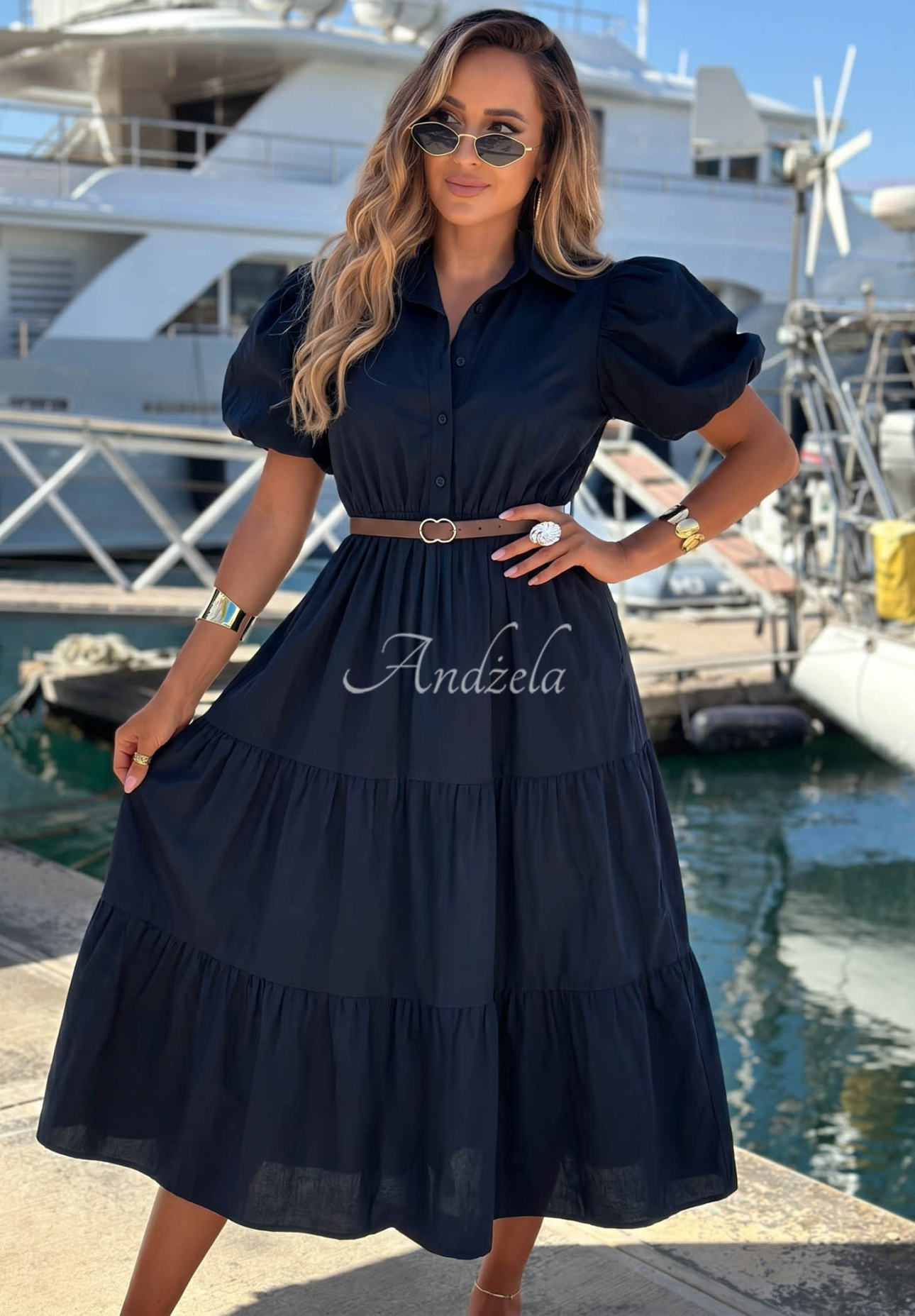 Hemdblusenkleid aus Baumwolle mit Puffärmeln Summer Light Dunkelblau