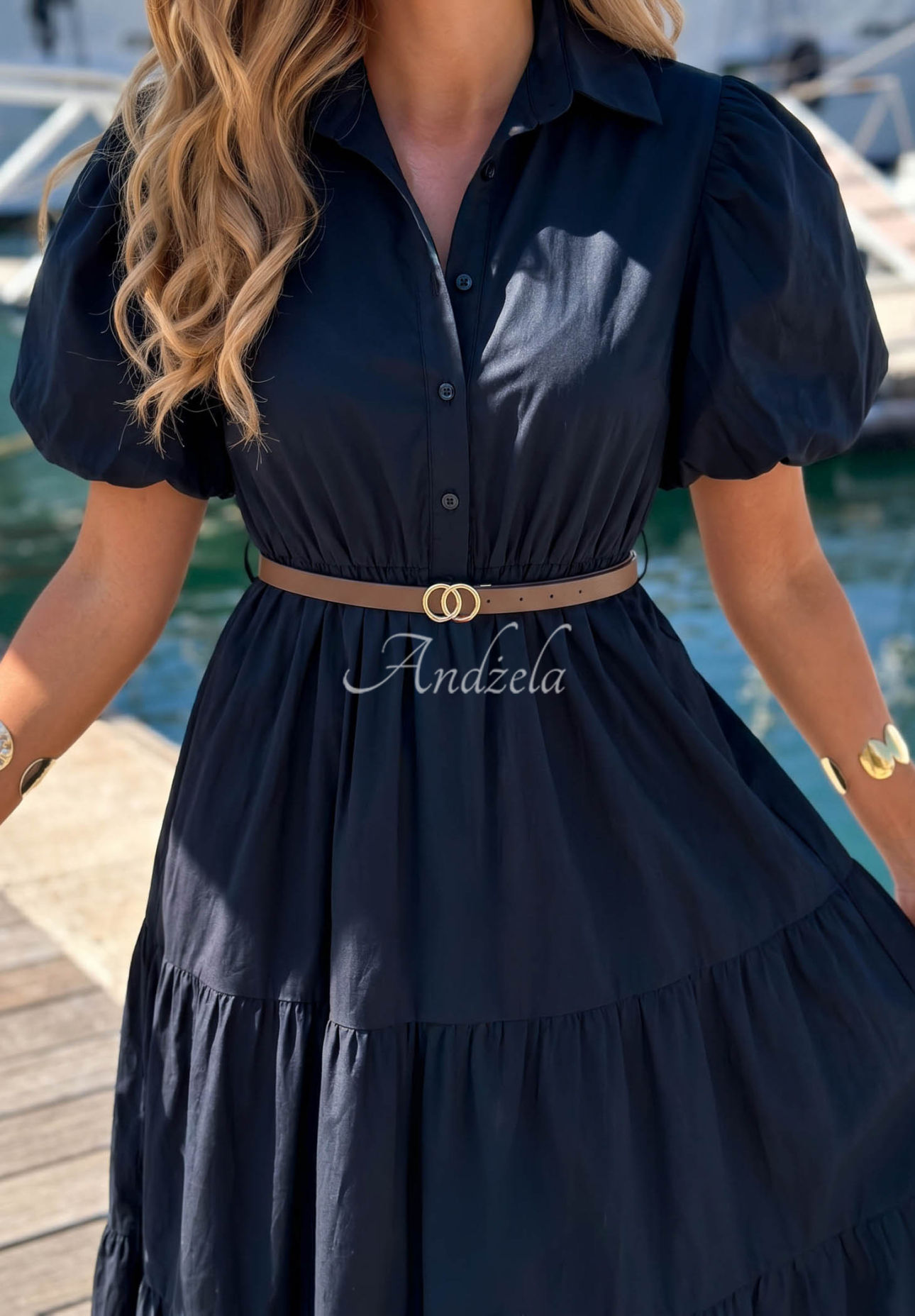 Hemdblusenkleid aus Baumwolle mit Puffärmeln Summer Light Dunkelblau