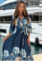 Kleid midi w kwiaty Lagoon Flora Dunkelblau
