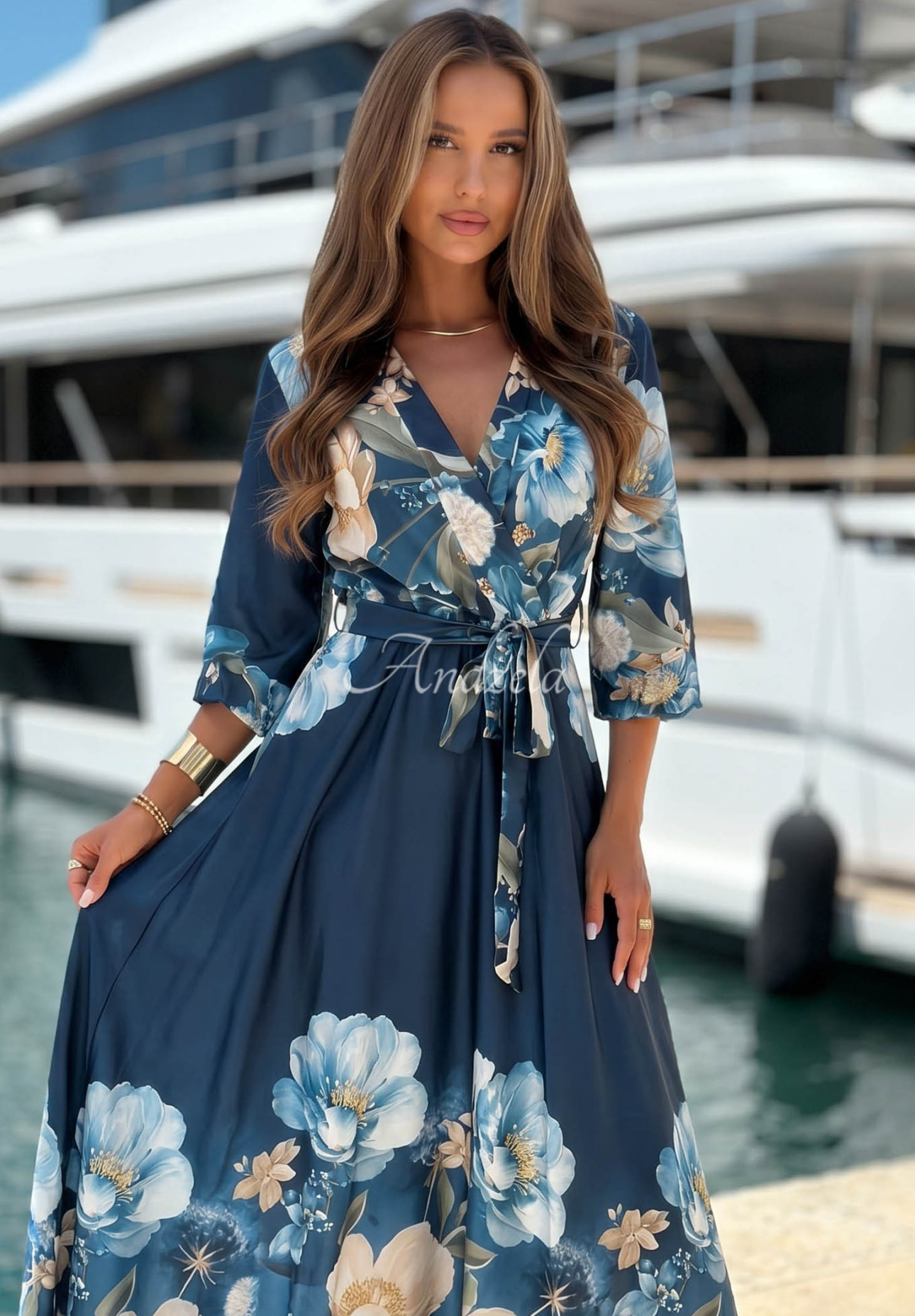 Satin-Maxikleid mit Blumenmuster Lagoon Flora Dunkelblau