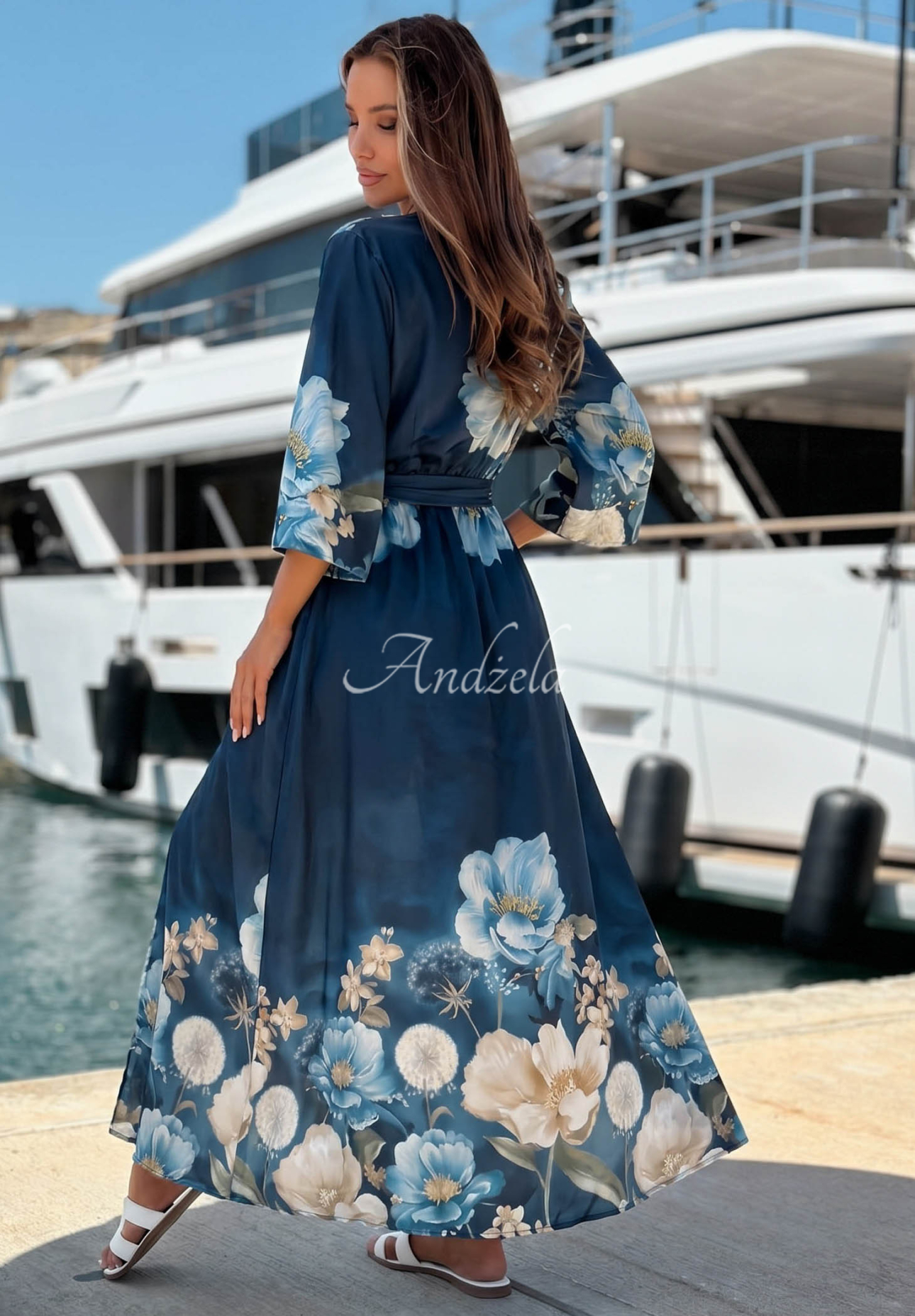 Satin-Maxikleid mit Blumenmuster Lagoon Flora Dunkelblau