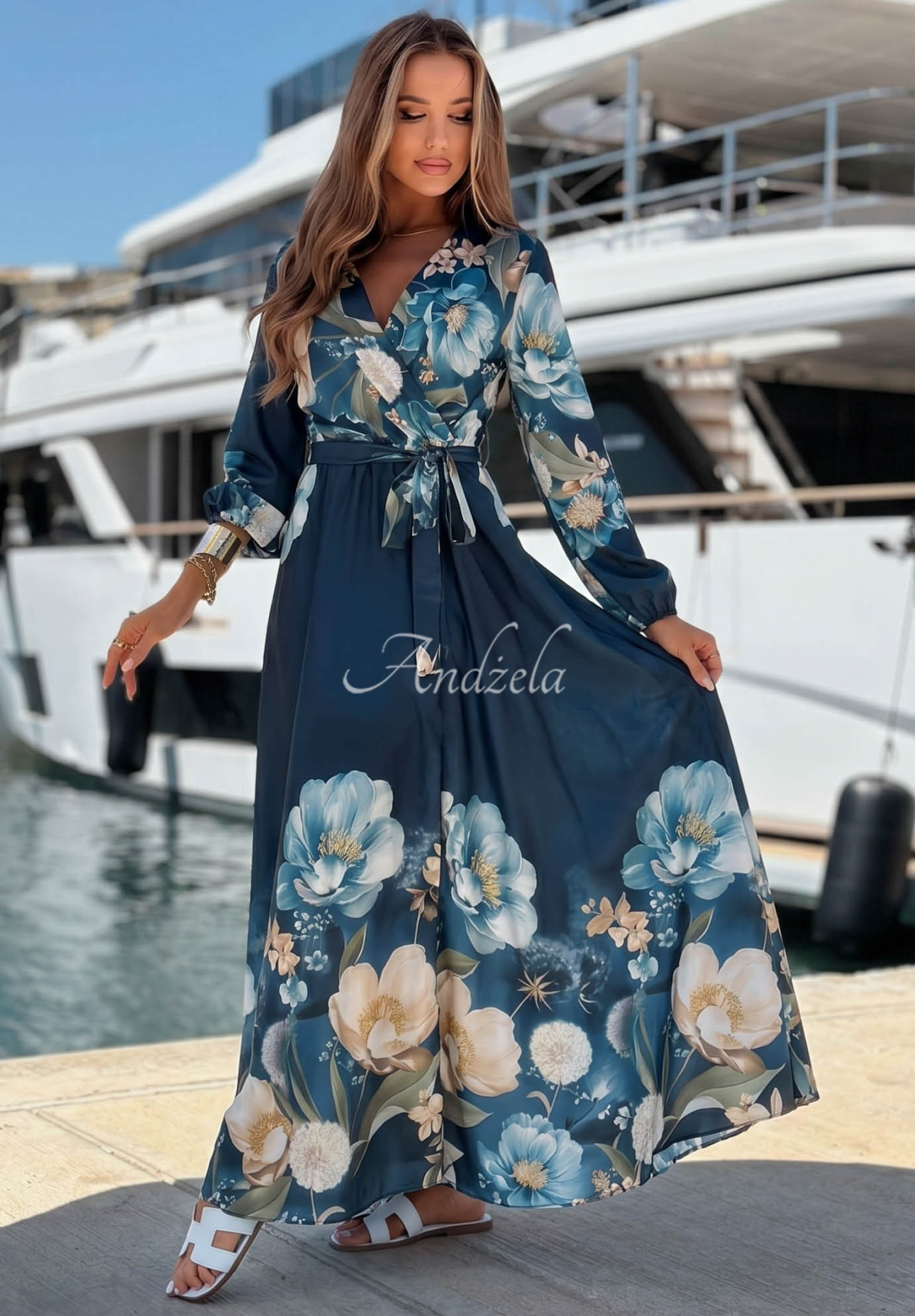 Satin-Maxikleid mit Blumenmuster Lagoon Flora Dunkelblau
