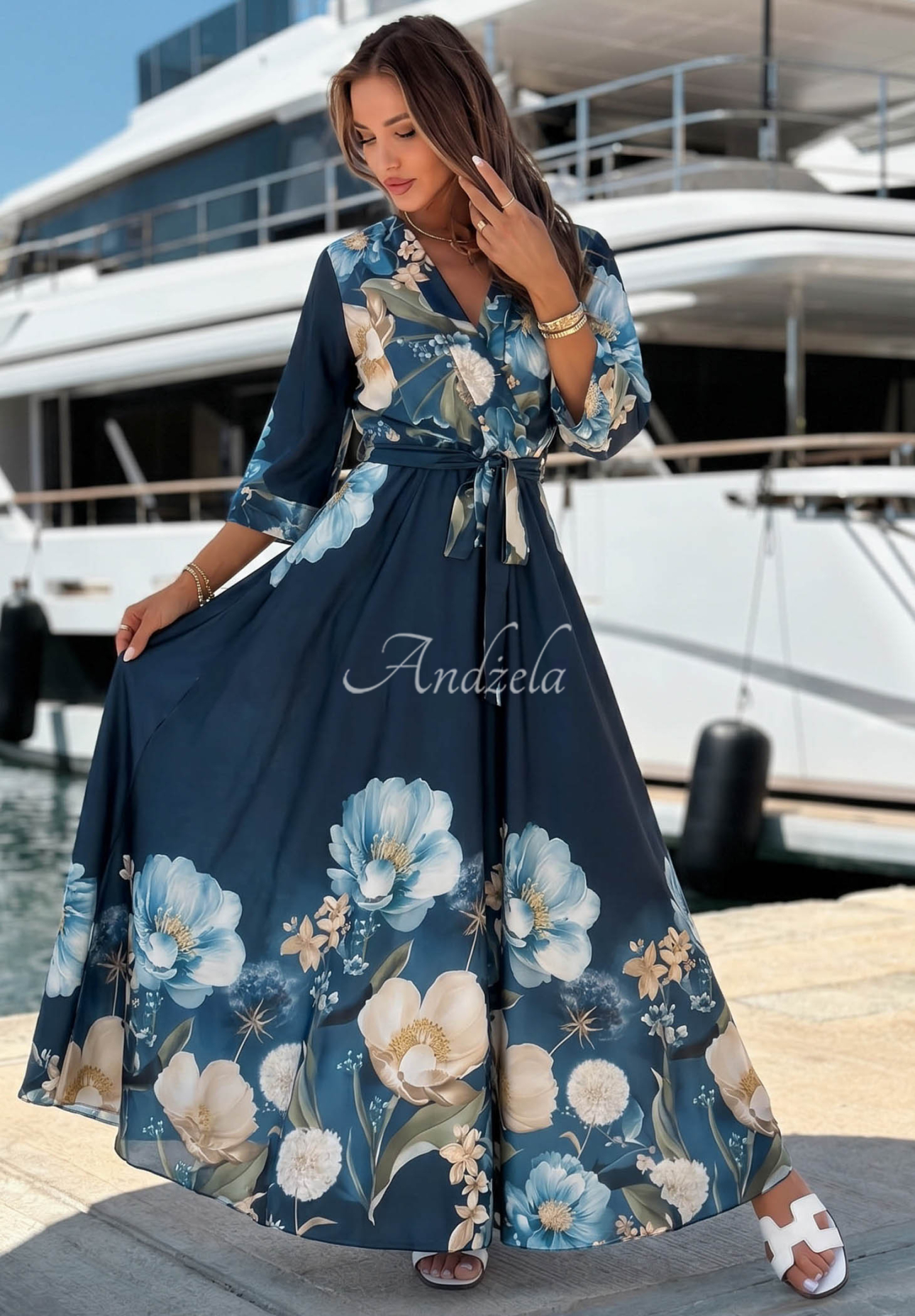 Satin-Maxikleid mit Blumenmuster Lagoon Flora Dunkelblau