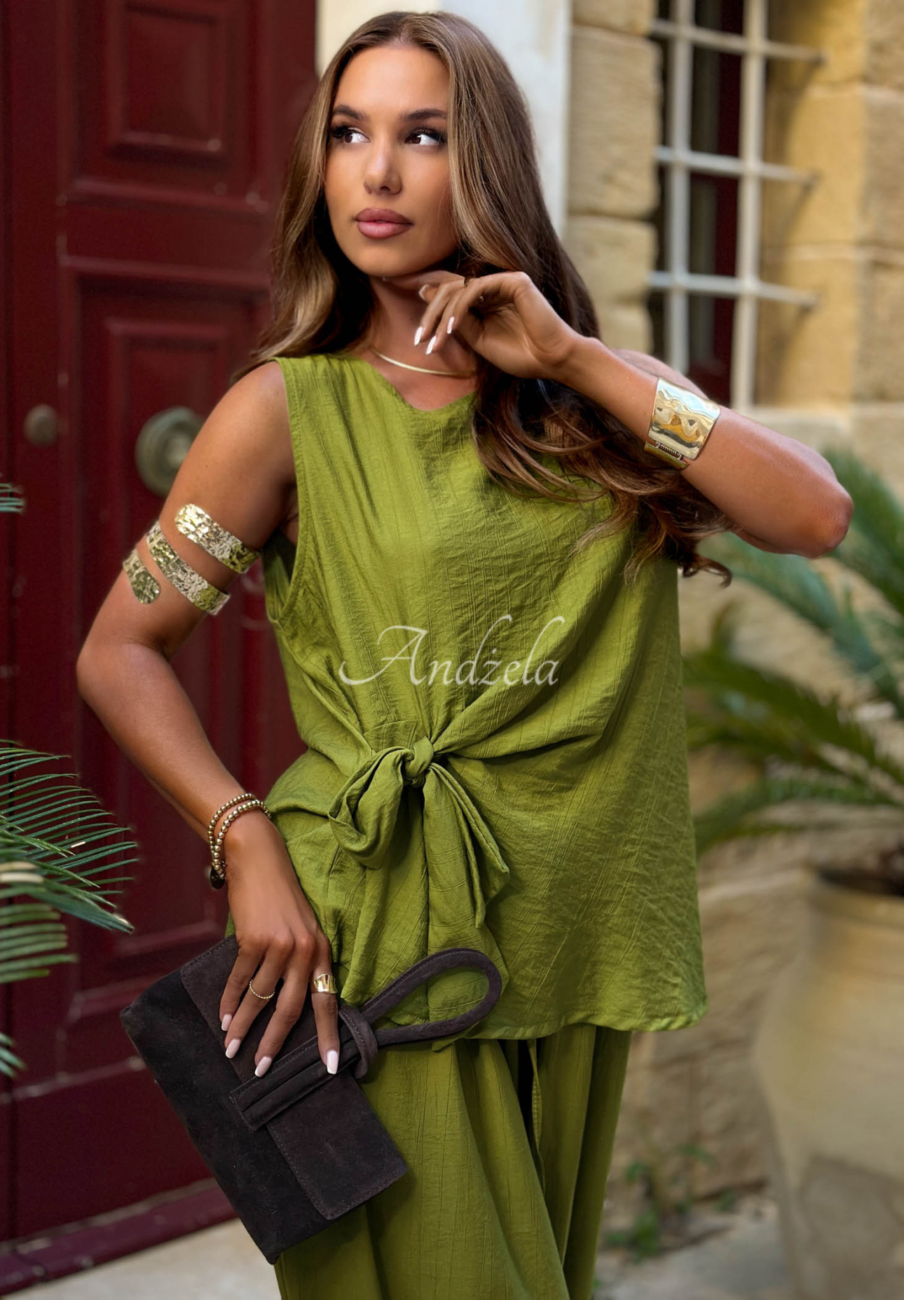 Viskose-Set Bluse mit Bindeband und Jogginghose Sun Elegance Olivgrün