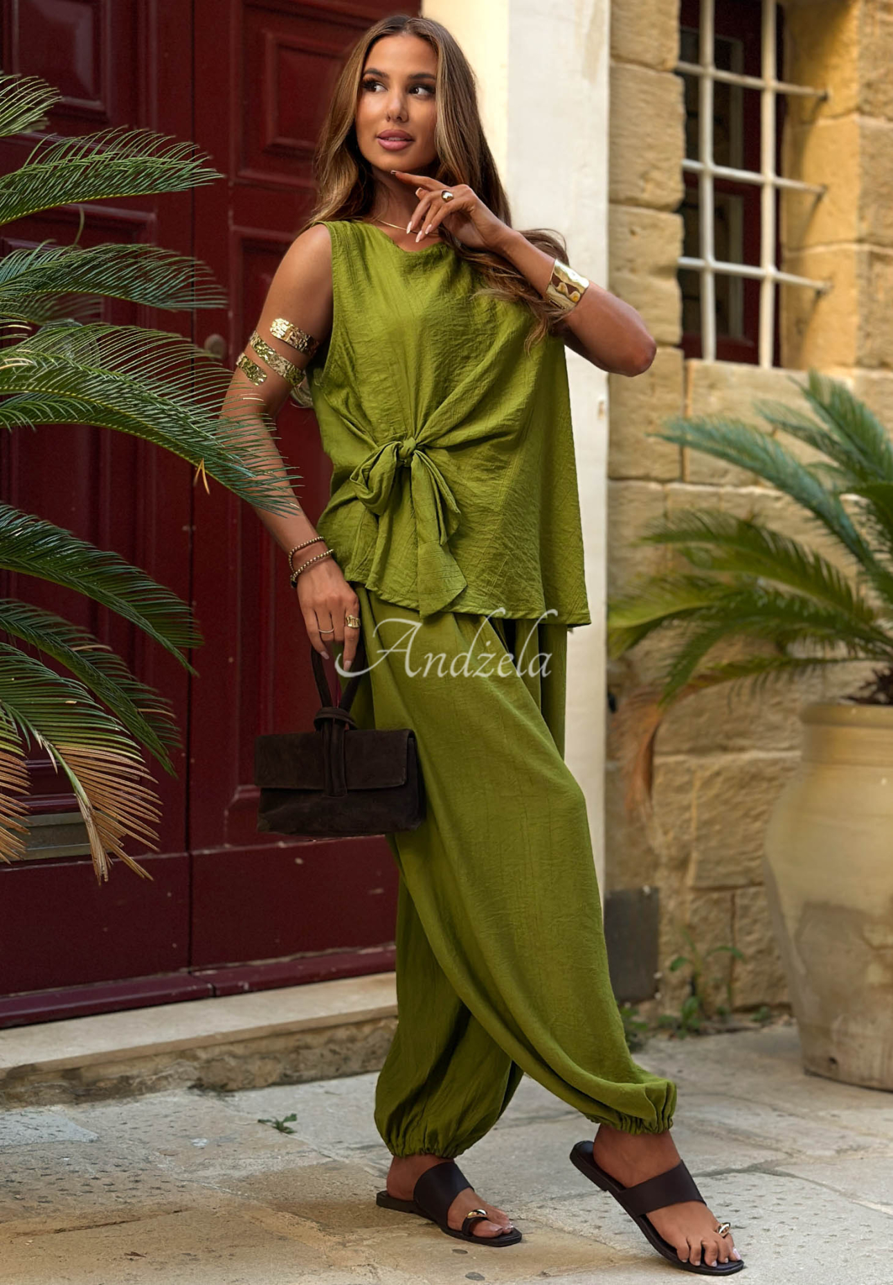 Viskose-Set Bluse mit Bindeband und Jogginghose Sun Elegance Olivgrün