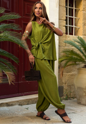 Viskose-Set Bluse mit Bindeband und Jogginghose Sun Elegance Olivgrün