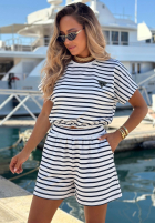 Bawełniany komplet Bluse i Shorts w paski Sunny Stripes Set biało-Dunkelblau