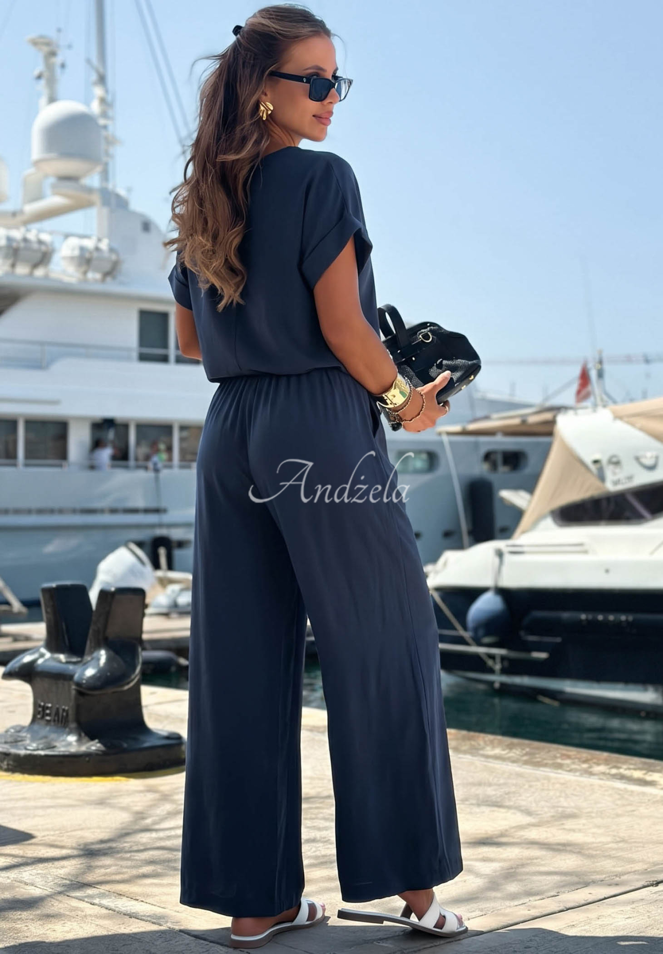Weite Viskosehose mit Gürtel Calm Water Dunkelblau