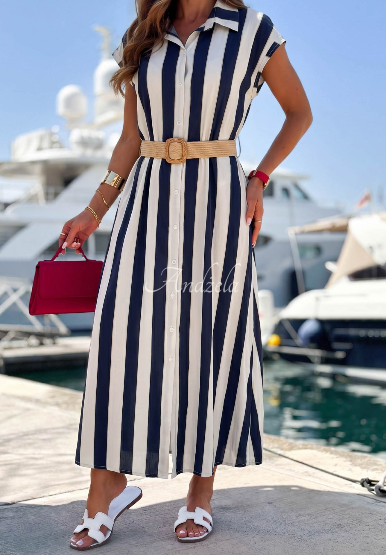 Gestreiftes Baumwollkleid im Hemdstil Beach Picnic weiss-dunkelblau