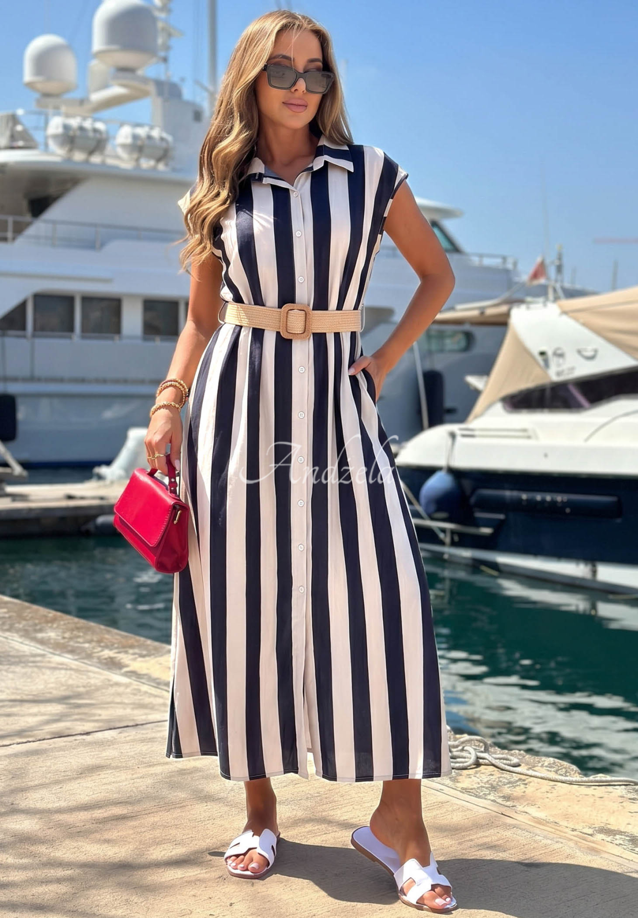 Gestreiftes Baumwollkleid im Hemdstil Beach Picnic weiss-dunkelblau