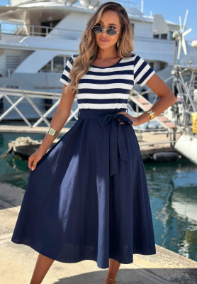 Viskose-Midi-Kleid mit Streifen Marine Coast weiss-Dunkelblau
