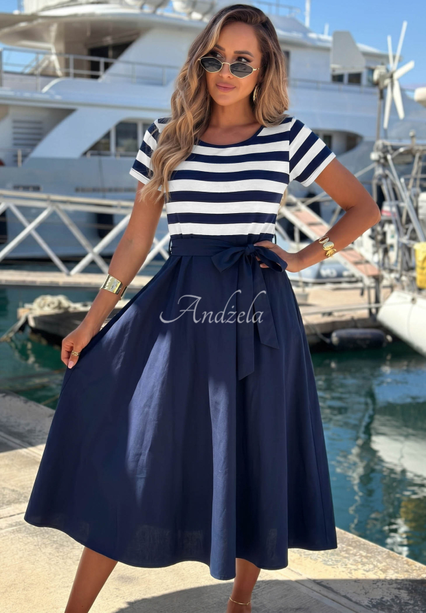 Viskose-Midi-Kleid mit Streifen Marine Coast weiss-Dunkelblau