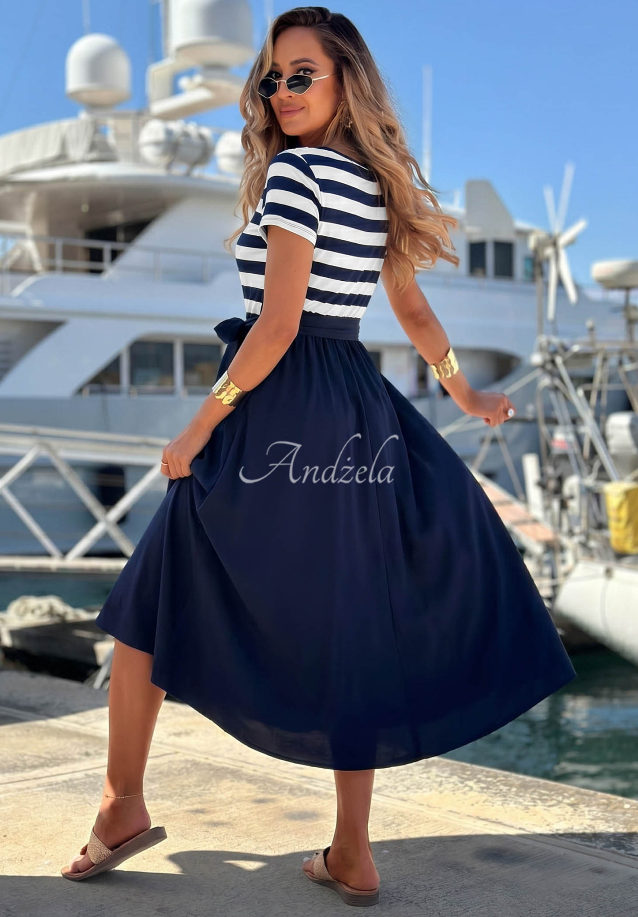 Viskose-Midi-Kleid mit Streifen Marine Coast weiss-Dunkelblau