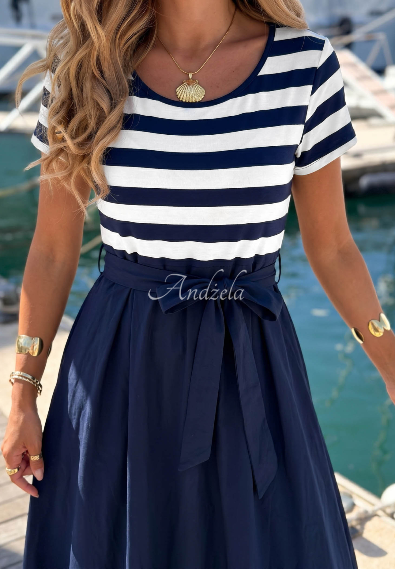 Viskose-Midi-Kleid mit Streifen Marine Coast weiss-Dunkelblau