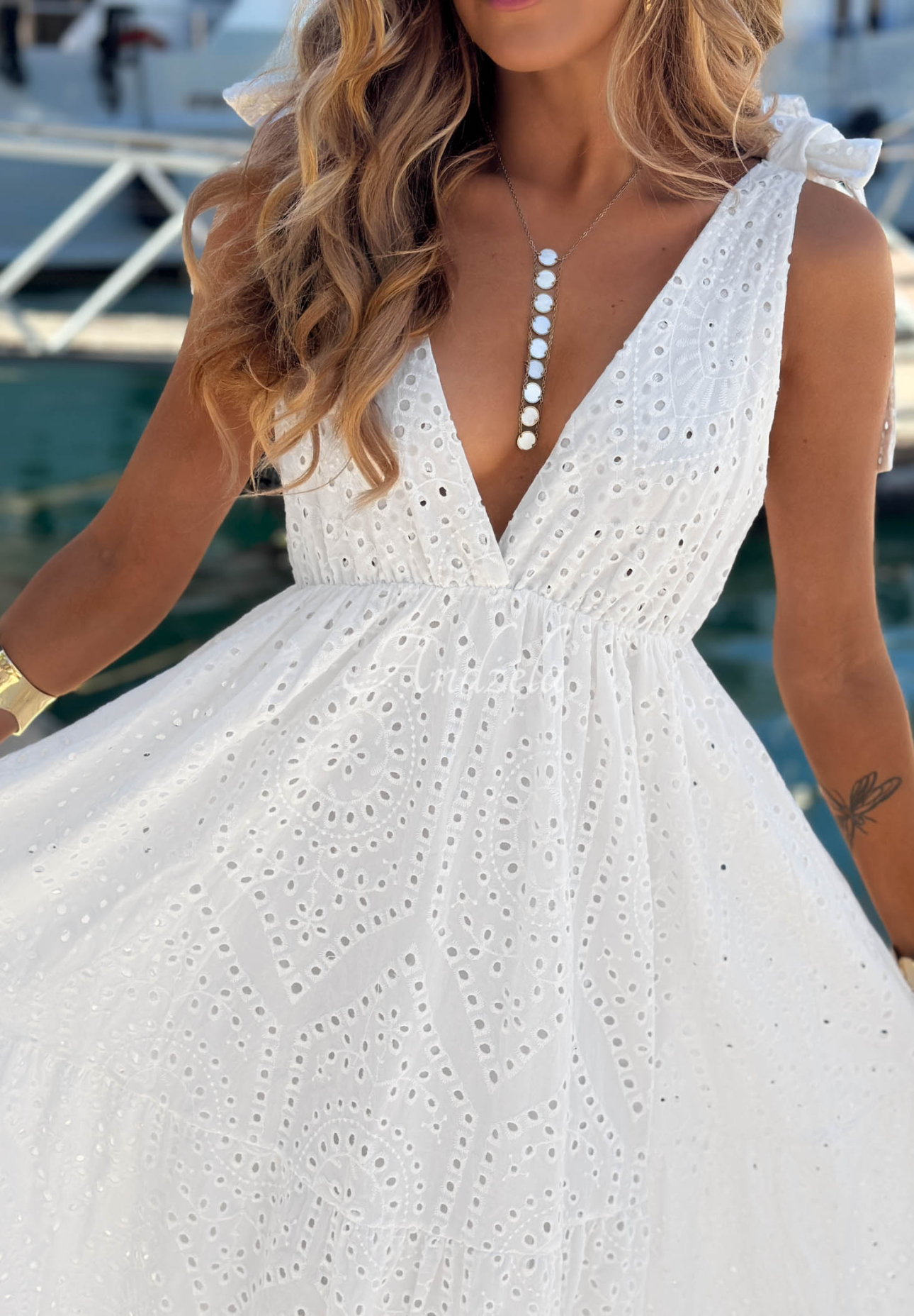 Durchbrochenes Boho-Maxikleid mit Trägern aus Baumwolle Sun Essence Weiß