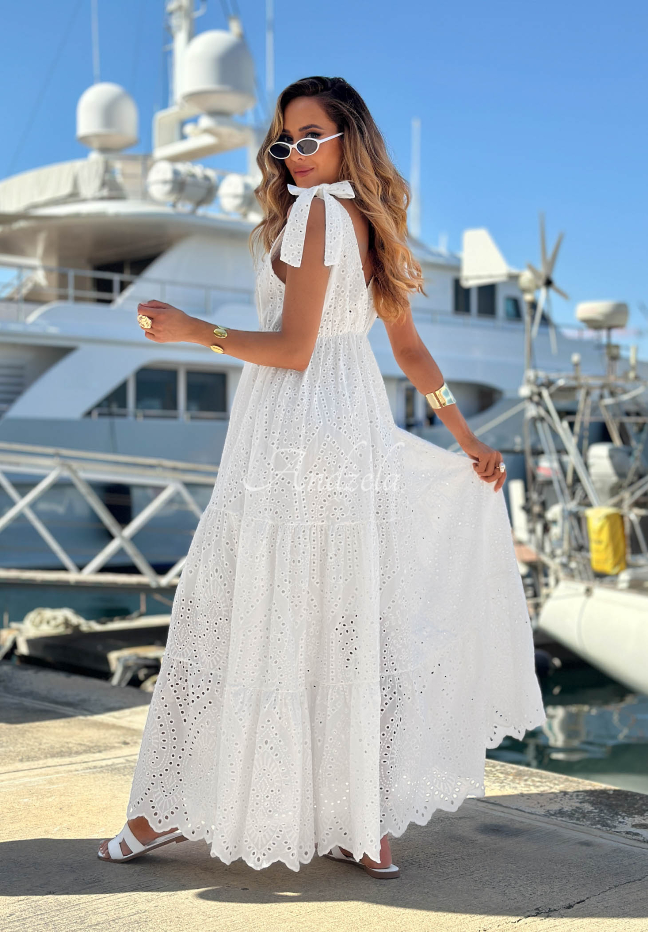 Durchbrochenes Boho-Maxikleid mit Trägern aus Baumwolle Sun Essence Weiß