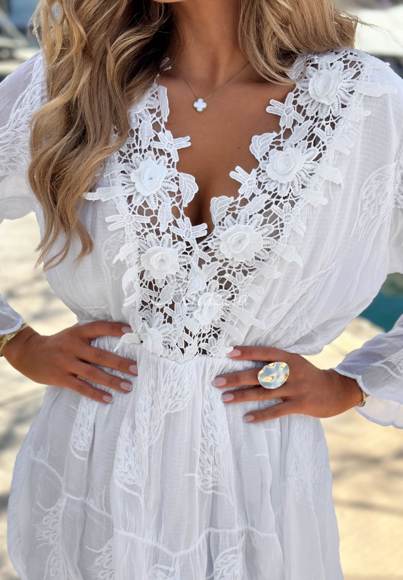 Besticktes Kleid mit Spitze boho aus Viskose Summer Lady Weiß