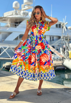 Gemustertes Midi-Kleid aus Baumwolle mit G&uuml;rtel Undersea Life dunkelblau-orange