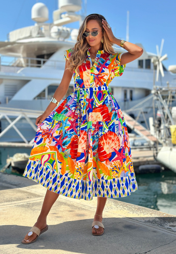 Gemustertes Midi-Kleid aus Baumwolle mit Gürtel Undersea Life dunkelblau-orange