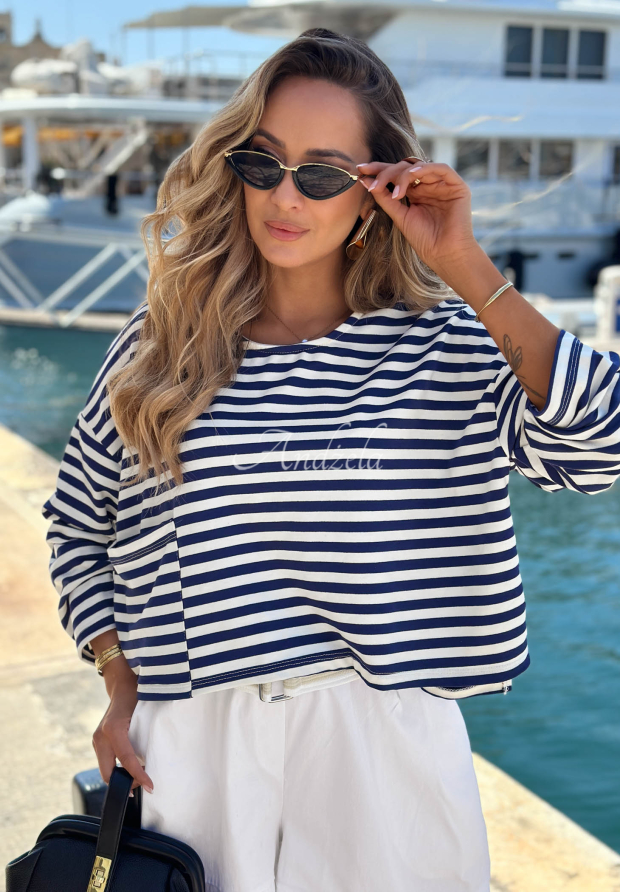 Kurzes, gestreiftes Sweatshirt aus Viskose Sail Winds weiß-dunkelblau