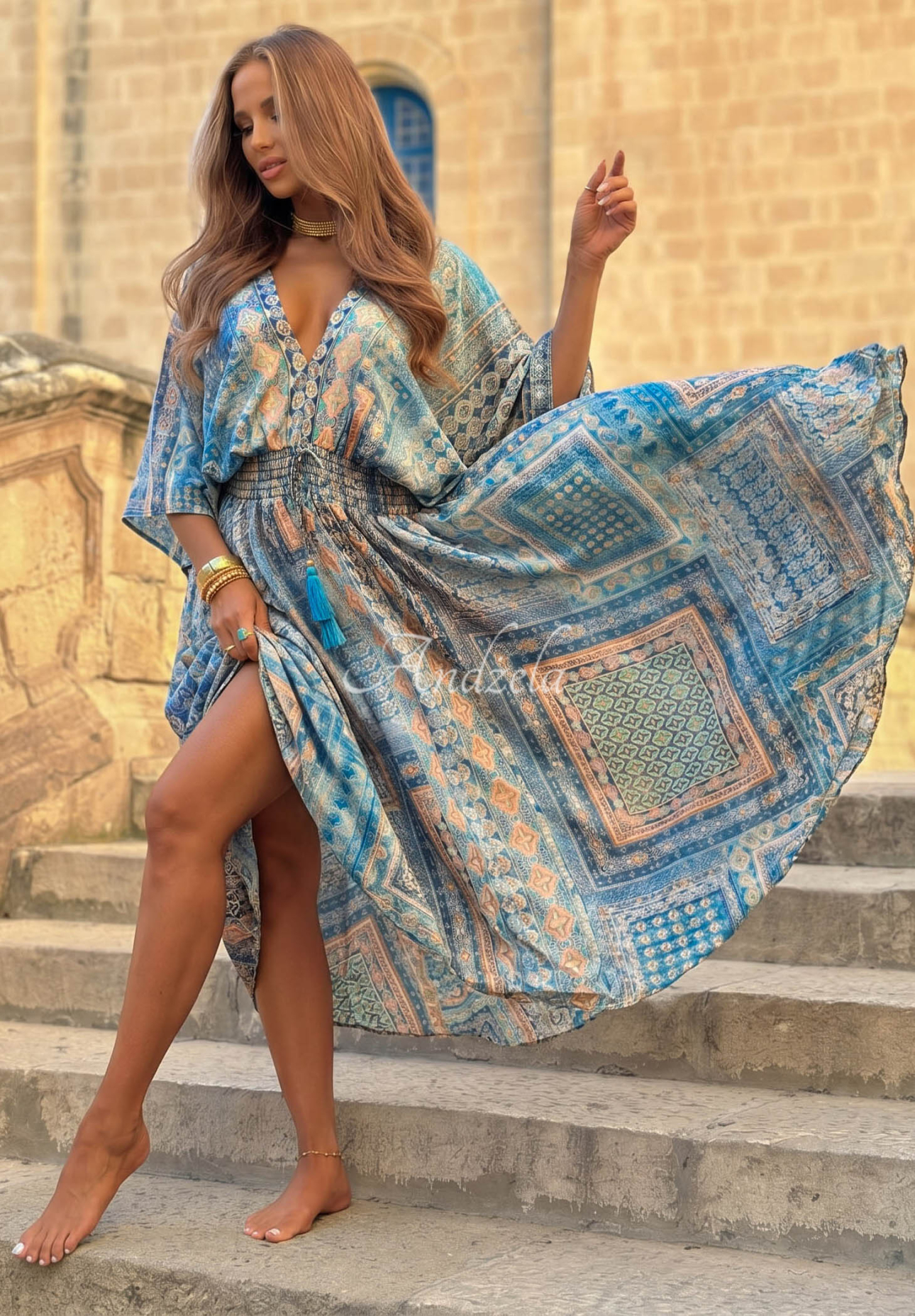 Gemustertes Maxikleid mit weiten Ärmeln Sun Rituals Himmelblau