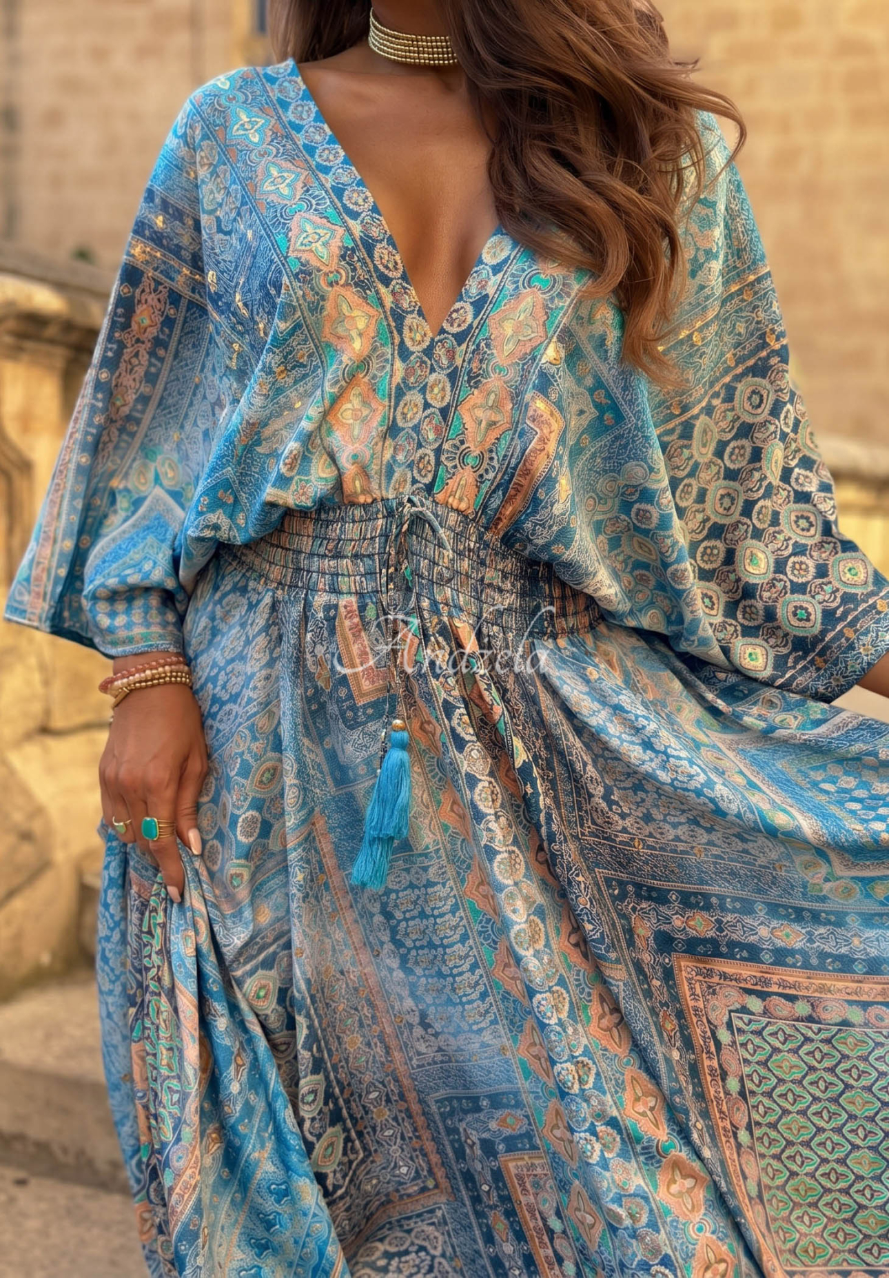 Gemustertes Maxikleid mit weiten Ärmeln Sun Rituals Himmelblau