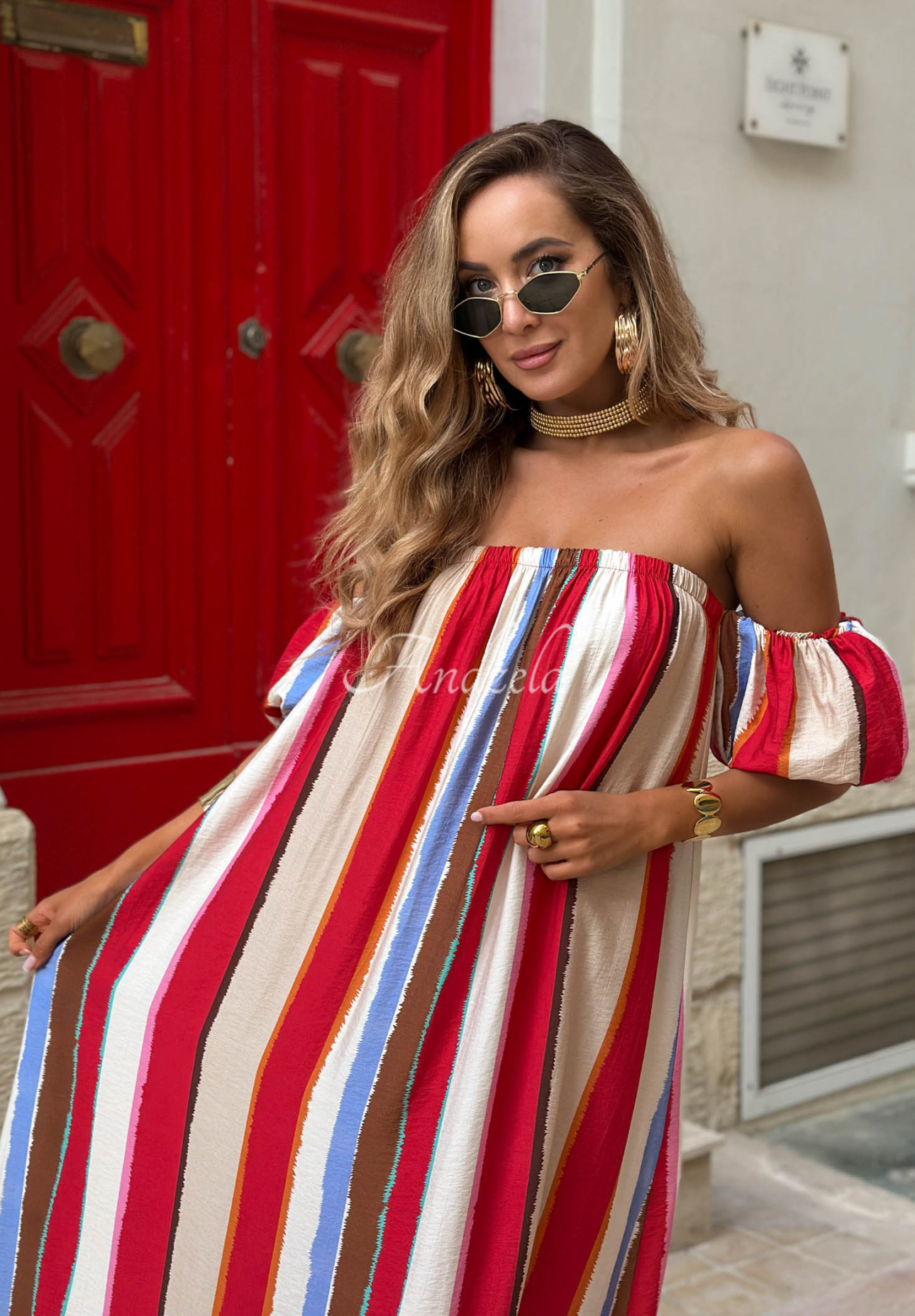 Offshoulder Maxikleid aus Viskose mit bunten Streifen La Fiesta Rot