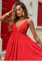 Rozkloszowana Kleid maxi na ramiączkach z falbankami Flamenco czerwoa