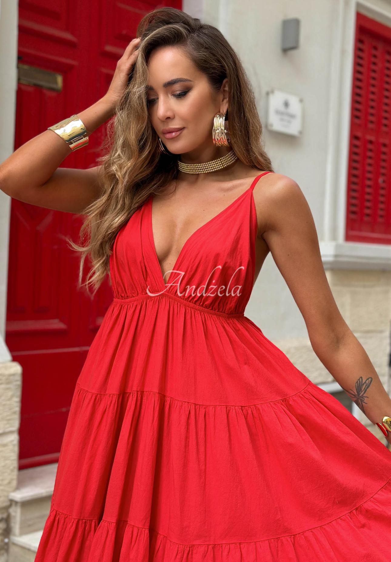 Ausgestelltes Kleid mit Trägern aus Baumwolle Flamenco Rot