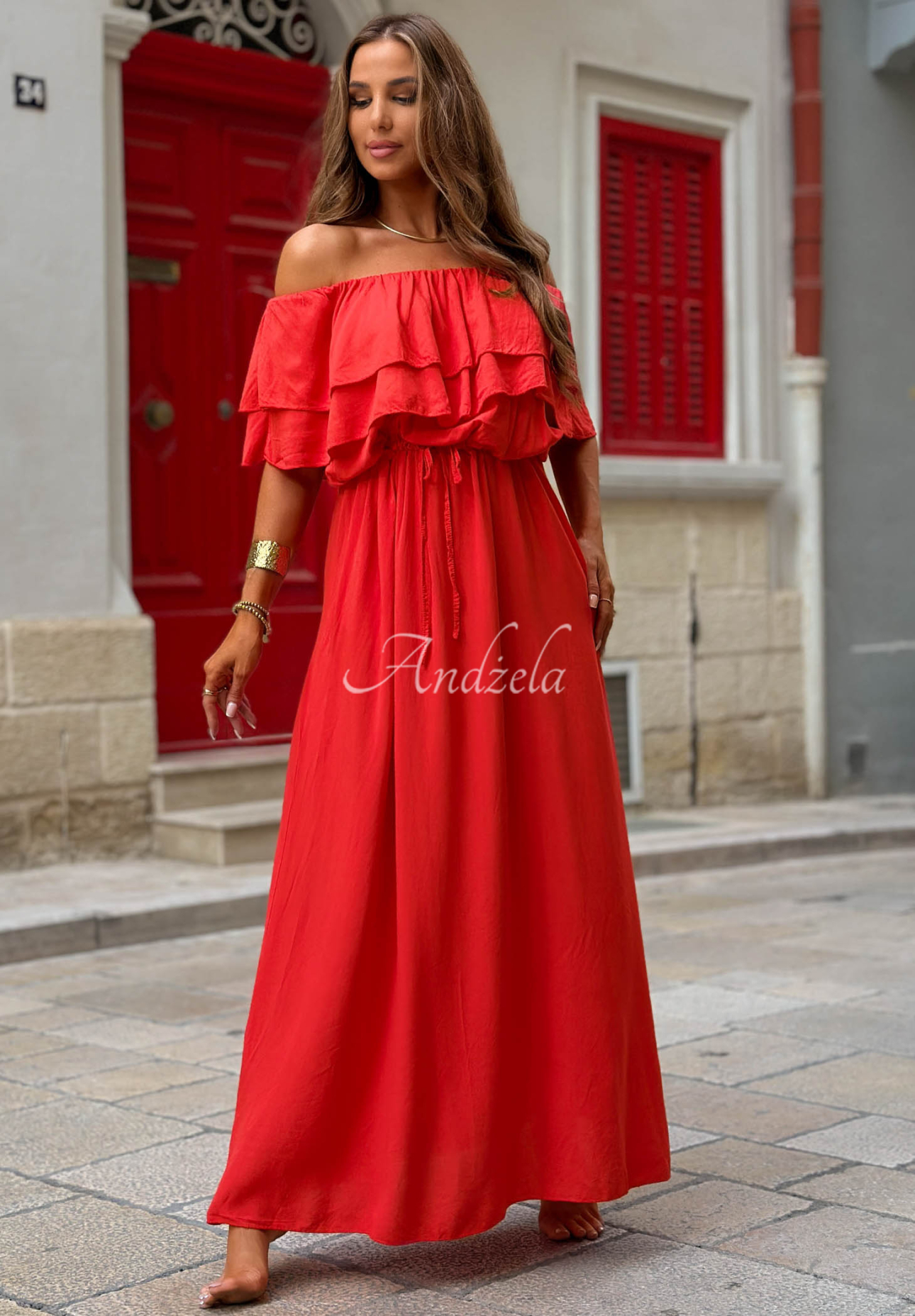 Offshoulder Maxikleid aus Viskose mit Rüschen Sunset Diva Rot