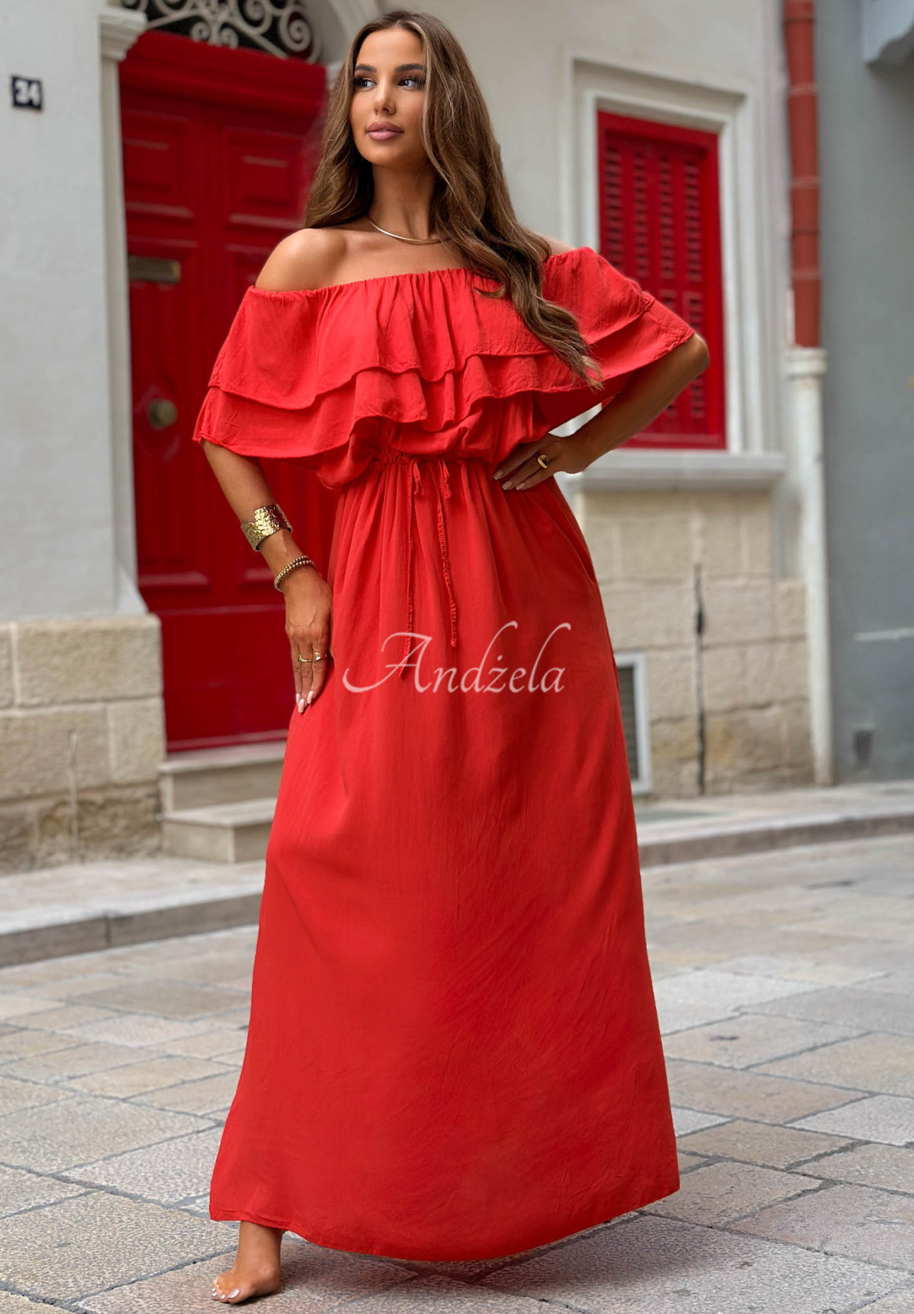 Offshoulder Maxikleid aus Viskose mit Rüschen Sunset Diva Rot