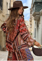 Material Hose Mit Muster z paskiem Mosaic Flames czekoladowo-Rot