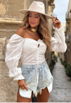 Krótka ażurowa Bluse z bufkami boho Sea Kiss Weiß