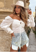 Krótka ażurowa Bluse z bufkami boho Sea Kiss Weiß