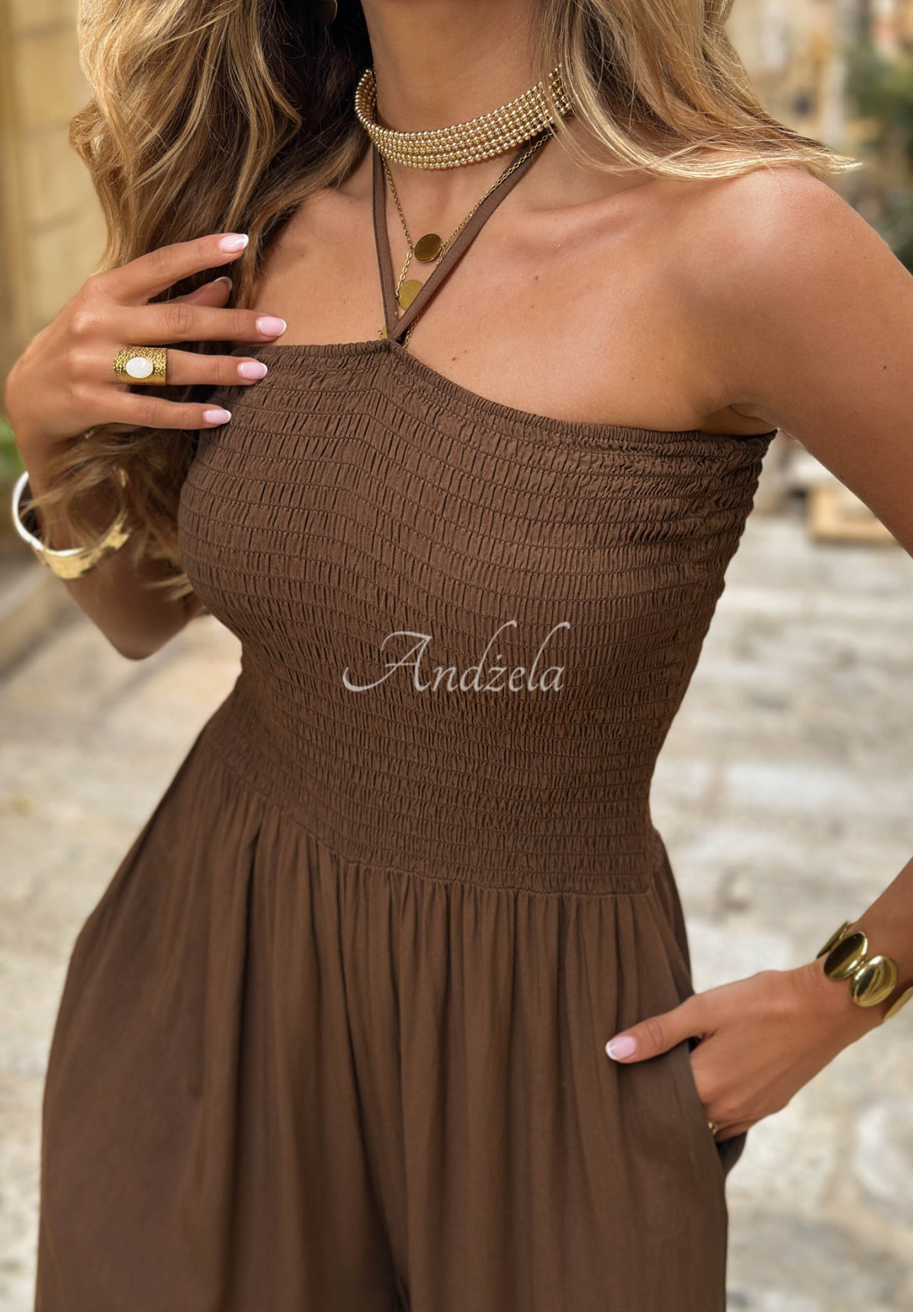 Langer Viskose-Overall wide leg und Bindeband Amalfi Paradise Schokoladenbraun