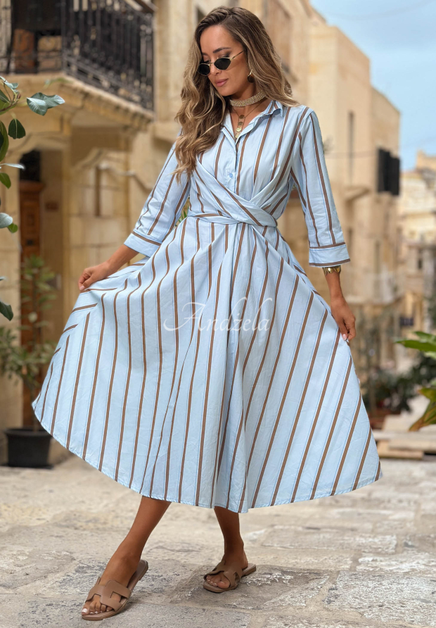 Midi-Hemdkleid aus Baumwolle mit Streifenmuster Yacht Lunch Himmelblau