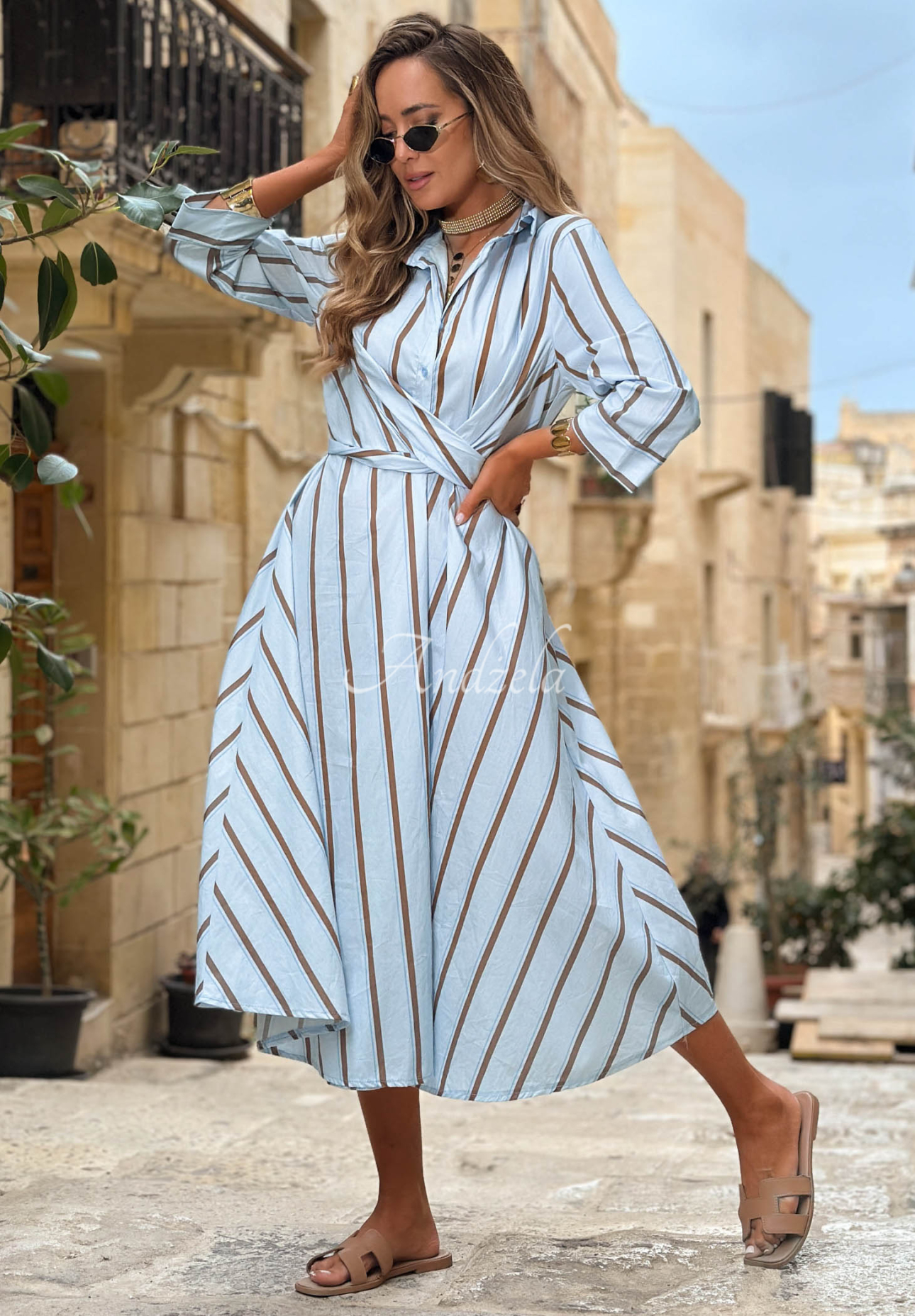 Midi-Hemdkleid aus Baumwolle mit Streifenmuster Yacht Lunch Himmelblau