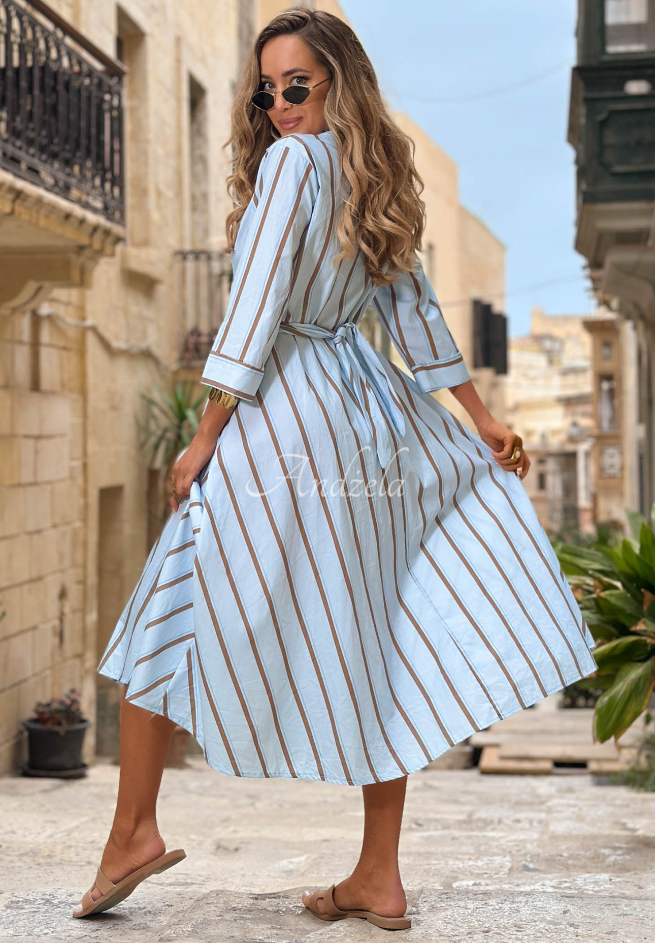 Midi-Hemdkleid aus Baumwolle mit Streifenmuster Yacht Lunch Himmelblau