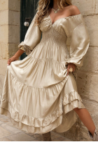 Kleid maxi z falbankami i długim rękawem Azure Bliss Gold