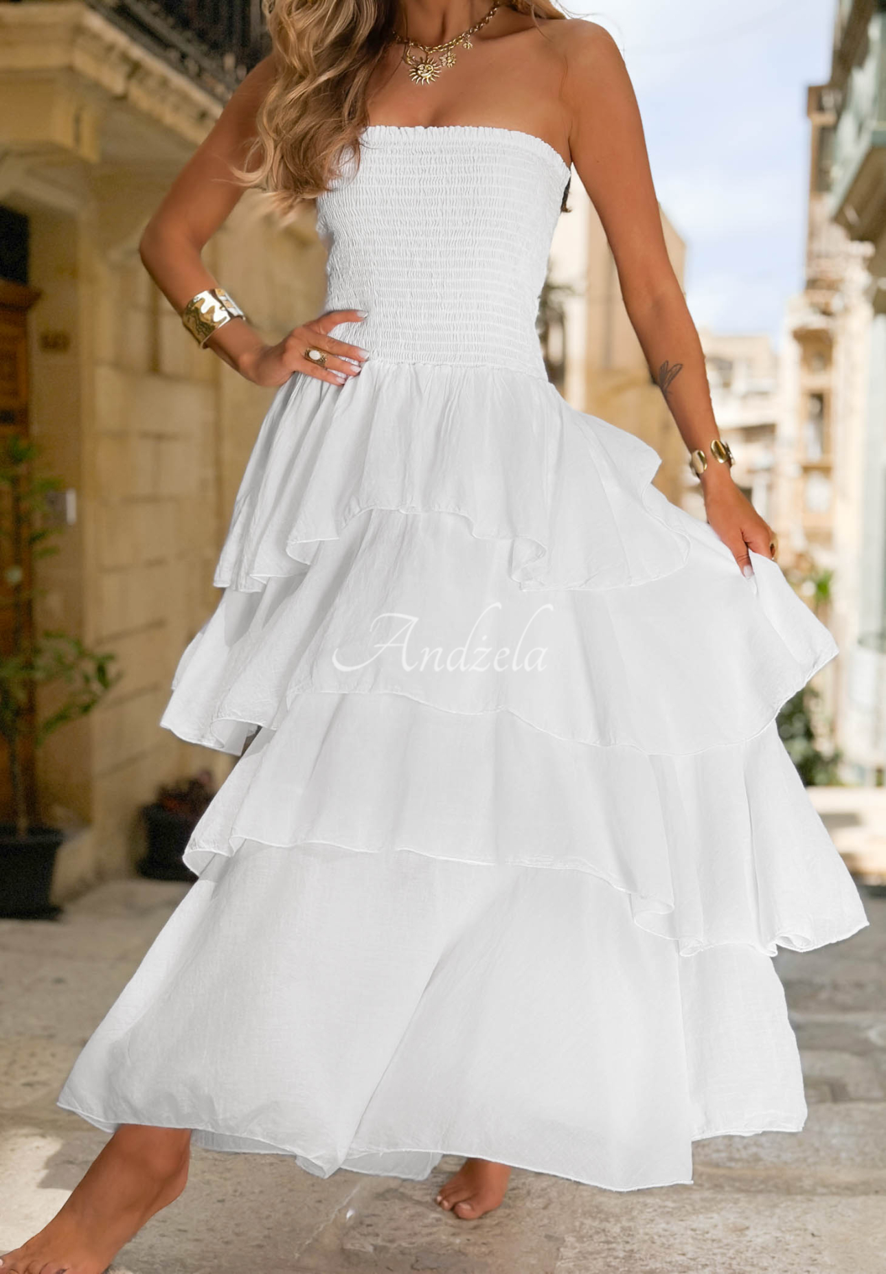Trägerloses Maxikleid aus Baumwolle mit Rüschen Sparkling Ocean Weiß