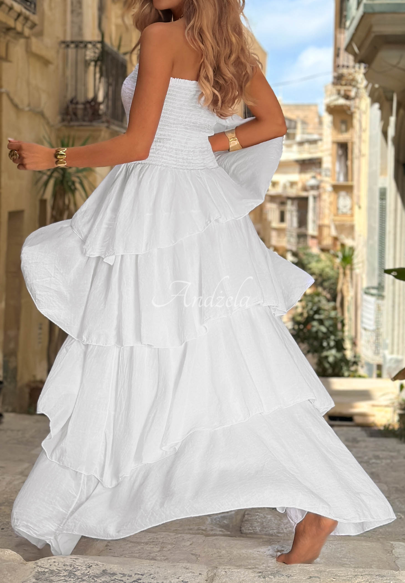 Trägerloses Maxikleid aus Baumwolle mit Rüschen Sparkling Ocean Weiß
