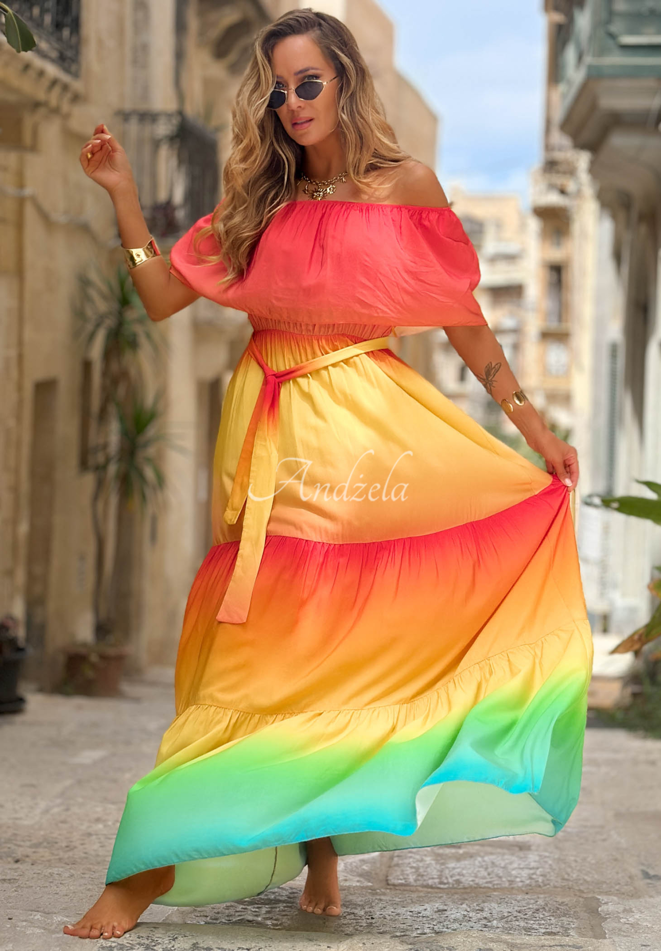 Viskose-Maxikleid im Off-Shoulder-Stil mit Ombré-Effekt Solar Rainbow rot-gelb